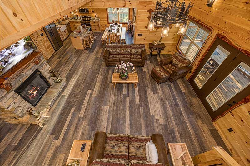 Stairs view downward your cabin rental's living-room.  at Morning View in Gatlinburg TN