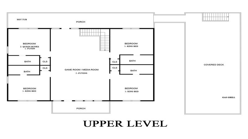 Upper level floorplan for Cabin Fever Vacation cabin rental.