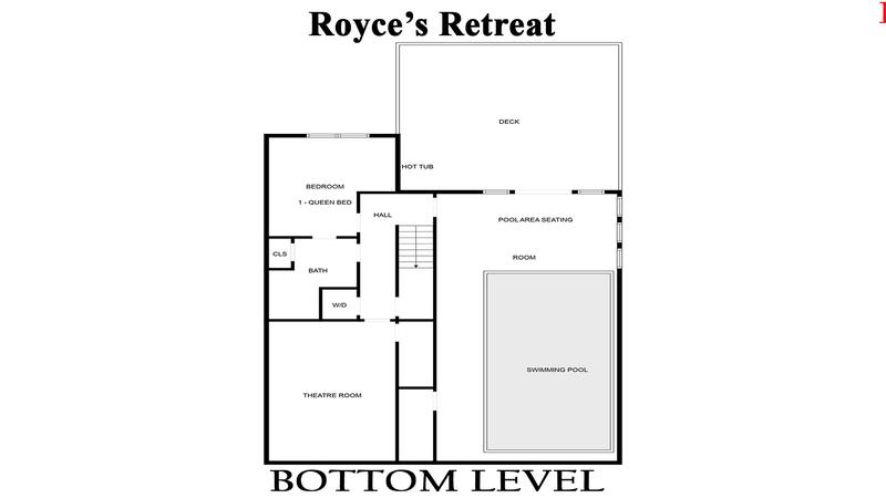 Bottom level floor plan for big 6 bedroom plus resort cabin rental.