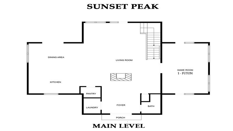 Main level floorplan for Smoky Mountains cabin rental Sunset Peak.