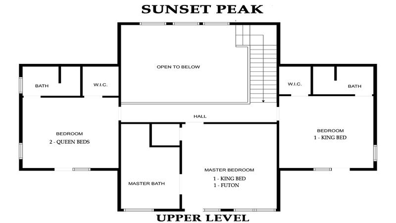 Upper level floorplan for Smoky Mountains cabin rental Sunset Peak.