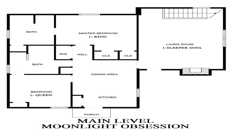 Main level floorplan for Smoky Mountains cabin rental Moonlight Obsession.