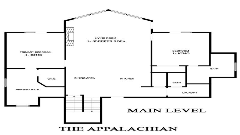 Main level floorplan for Smoky Mountains cabin rental The Appalachian.