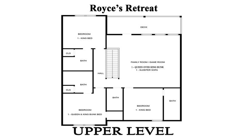 Upper level floor plan for big 6 bedroom plus resort cabin rental.