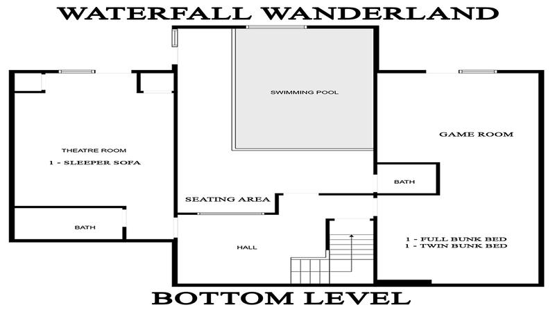 Bottom level floorplan for Smoky Mountains cabin rental Waterfall Wanderland.