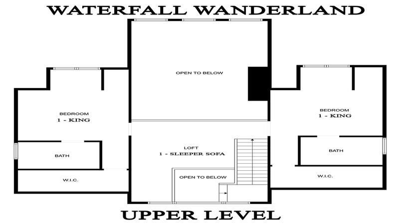 Upper level floorplan for Smoky Mountains cabin rental Waterfall Wanderland.