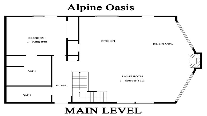 Main level floorplan for Smoky Mountains cabin rental Alpine Oasis.