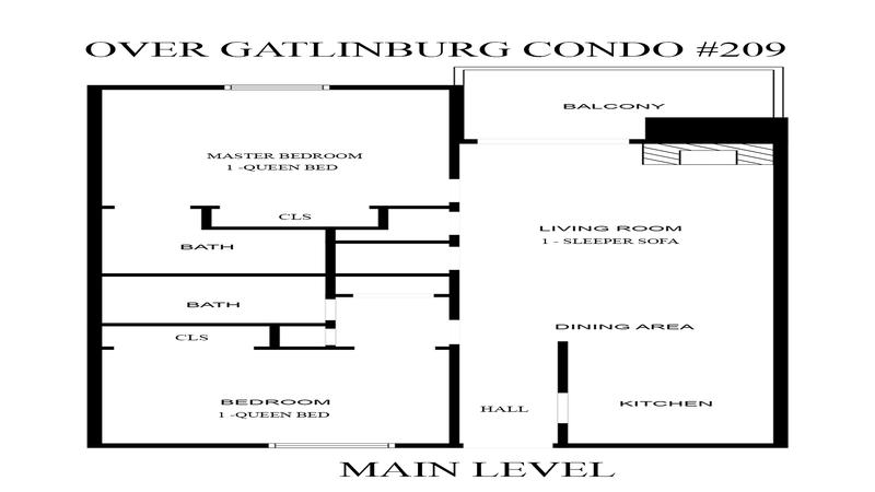 Main level floorplan for Smoky Mountains Gatlinburg condo rental Over Gatlinburg Condo 209.