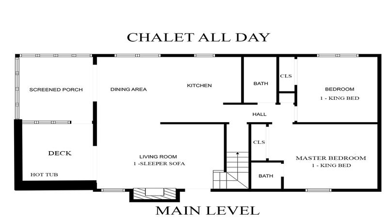Main level floorplan for Smoky Mountains Gatlinburg cabin rental Chalet All Day.