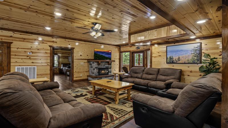 Living room of your 8 bedroom Smoky Mountains cabin rental.