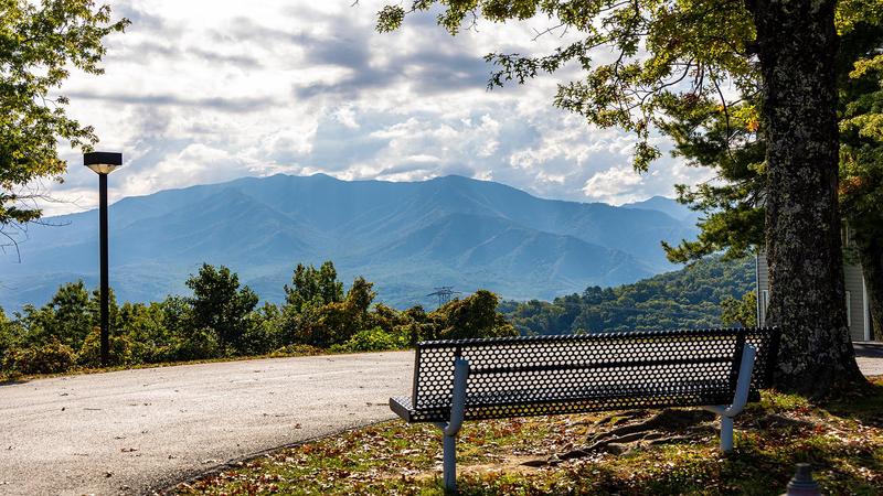 Smoky Mountain Views From Shaded Bench Smoky Mountain views from tree shaded bench.