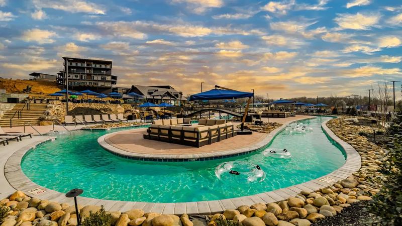 Sunset falling on the Smith Creek Resort Waterpark lazy river.