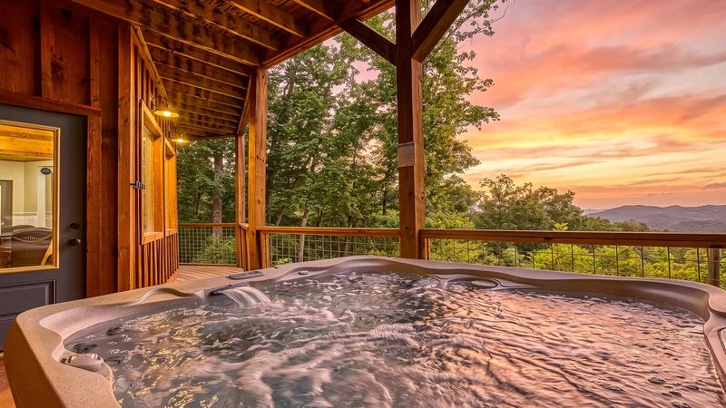 Smoky Mountains Rental Cabin Hot Tub Sunset Feel the warmth and take in the views from your own Smoky Mountains rental cabin hot tub.