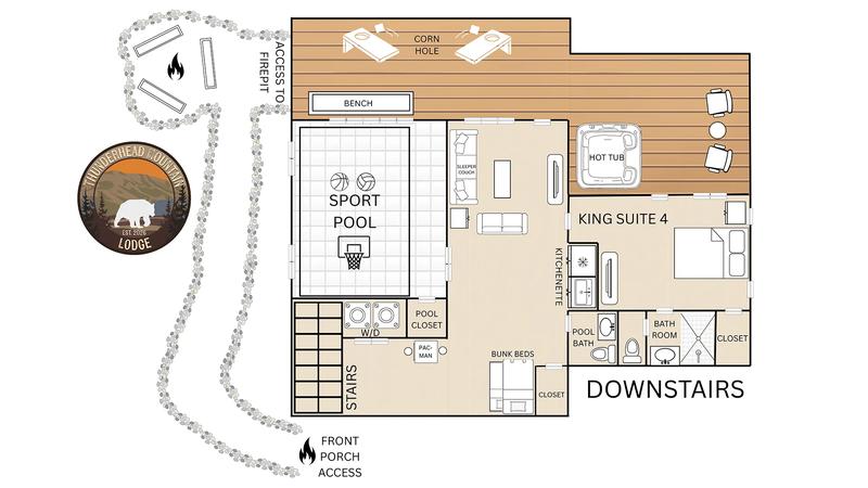 Thunderhead Mountain Lodge Downstairs Floor Plan Downstairs floor plan for Smoky Mountains cabin rental Thunder Mountain Lodge.