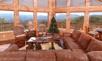 Large spacious rental cabin's living room with mountain views.. at Mother's Dream in Gatlinburg TN