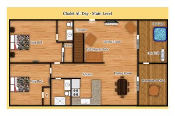 Main floor floorplan of your Gatlinburg 3 bedroom chalet. at Chalet All Day in Gatlinburg TN