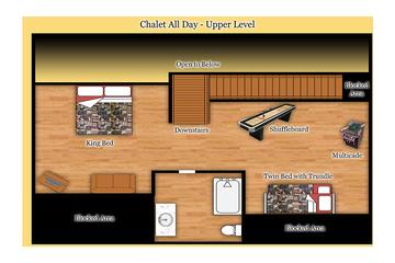 Upper floor floorplan of your Gatlinburg 3 bedroom chalet. at Chalet All Day in Gatlinburg TN