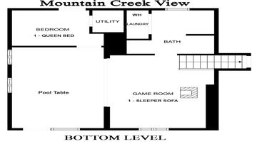 Smoky Mountains Cabin Rental Mountain Creek View Floorplan Bottom Level Floor plan's Bottom Level of Smoky Mountains cabin rental Mountain Creek View.