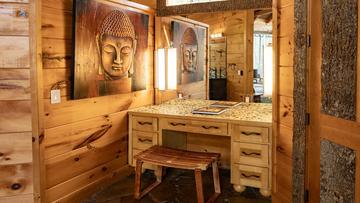 Cabin Makeup Table Well lit vanity for easily applying makeup or writing.