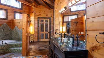 Large Mirror With Double Sink Getting ready for events throughout the Smokies is made easy with all the space.